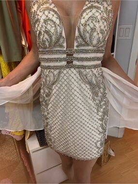 Vienna Prom Ivory Mini Dress with Gold Crystal Embellishment